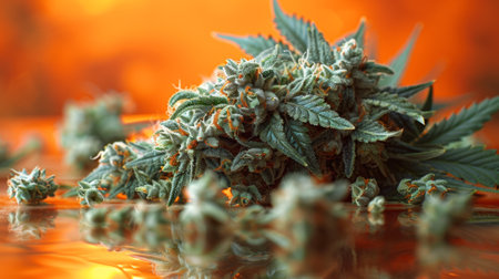 A close up of a marijuana plant on top of some water, AIの素材