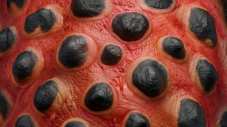 A close up of a red and black skin with lots of holes, AIの素材