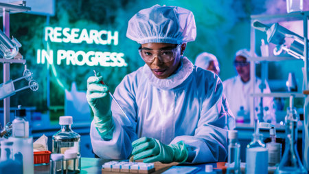 A man in lab coat working on a project with other people and with words research in progress, AIの素材