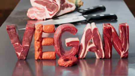A table with meat and vegetables spelled out in the word vegan, AIの素材