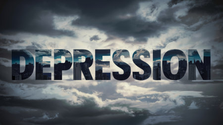 A word depression is spelled out in the sky with clouds, AIの素材