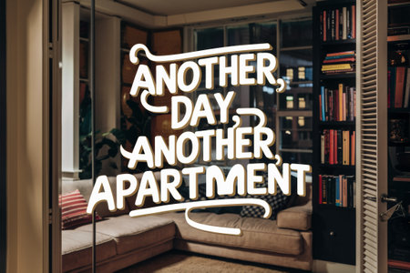 A reflection of a mirror with the words another day another apartment, AIの素材