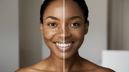 A woman with freckles and a smile before and after, AIの素材