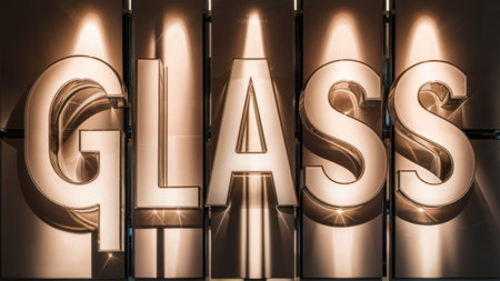 A close up of a glass sign with the word "glass" in it, AIの素材