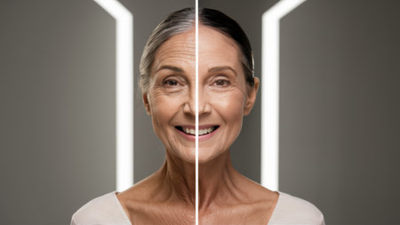 A woman with wrinkles and a younger face in the same picture, AIの素材