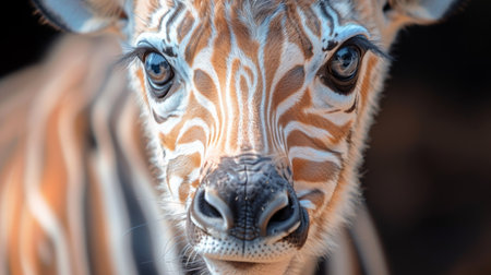 A close up of a zebras face with brown eyes and stripes, AIの素材