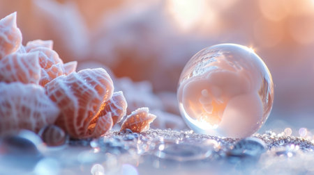 A close up of a glass ball sitting on top of some shells, AIの素材