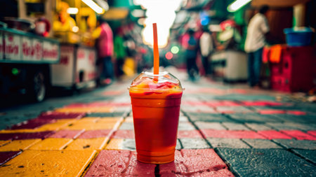 A drink in a plastic cup sitting on the ground next to some colorful tiles, AIの素材