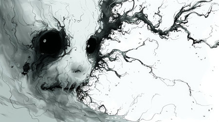 A drawing of a creepy looking face with black eyes, AIの素材
