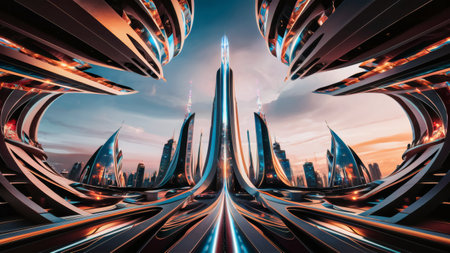 A futuristic cityscape with a lot of buildings and cars, AIの素材