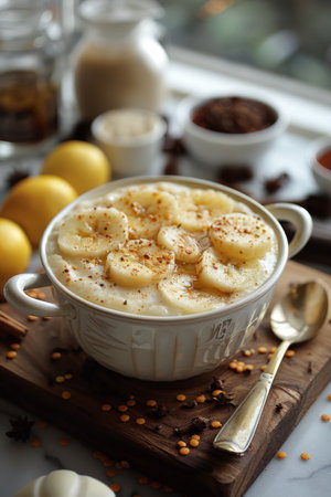 A bowl of food with bananas and spices on a table, AIの素材
