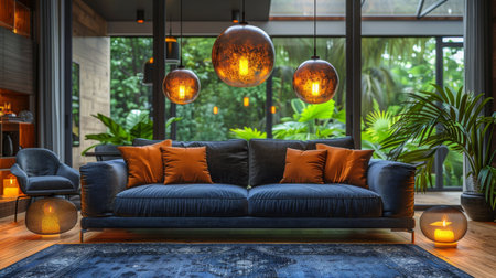 A living room with a blue couch and two lamps, AIの素材
