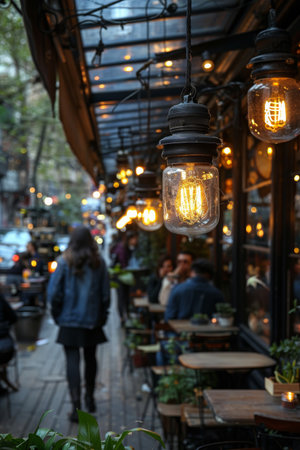 A restaurant with people sitting outside and lights hanging from the ceiling, AIの素材