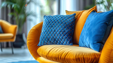 A close up of a yellow couch with blue pillows and cushions, AIの素材
