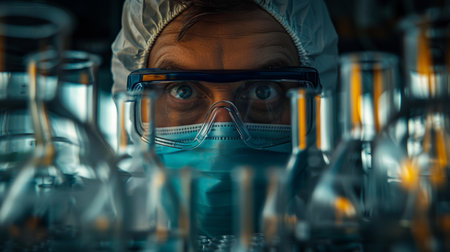 A man in a lab coat and goggles looking at the camera, AIの素材