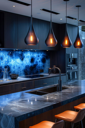 A kitchen with a marble counter top and lights hanging from the ceiling, AIの素材