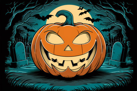 A cartoon pumpkin with a face on it in the middle of an empty graveyard, AIの素材