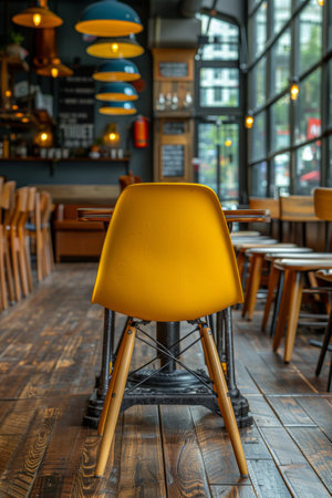 A yellow chair sitting in a restaurant with wooden floors and tables, AIの素材