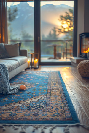 A rug in a living room with candles and fire place, AIの素材