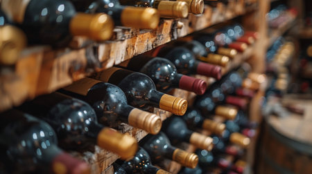 A bunch of bottles and wine in a wooden rack, AIの素材
