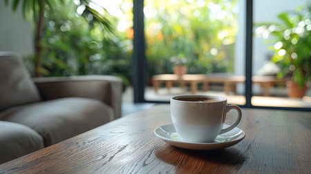 A cup of coffee on a table in front of an open door, AIの素材