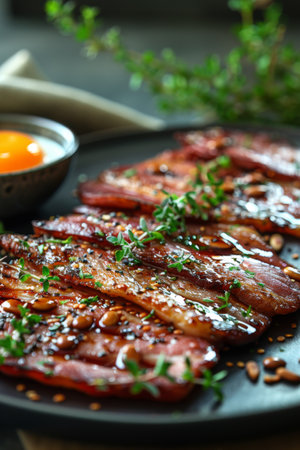 A plate of bacon with herbs and a small bowl on the side, AIの素材