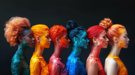 A group of women painted with different colors and hair styles, AIの素材