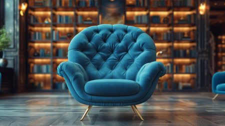 A blue chair sitting in front of a bookshelf filled with many different types, AIの素材