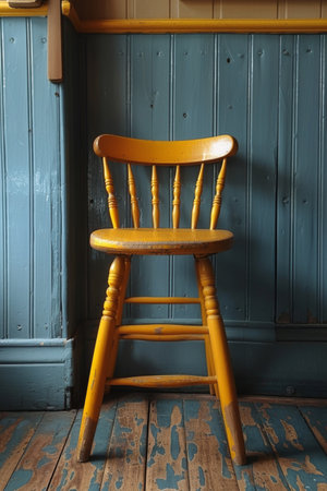 A yellow chair sitting in front of a blue walled room, AIの素材