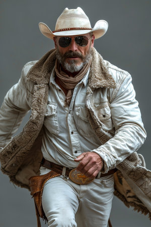 A man in a white cowboy hat and jacket running, AIの素材