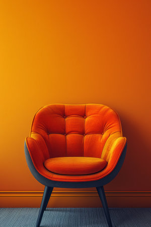 A chair in a room with an orange wall and blue carpet, AIの素材