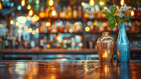 A vases with flowers on a bar counter in front of bottles, AIの素材