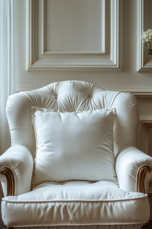 A white chair with a pillow on it in front of the window, AIの素材