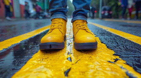 A person wearing yellow rubber boots standing on a wet street, AIの素材