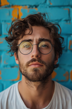 A man with glasses and a beard standing in front of blue wall, AIの素材