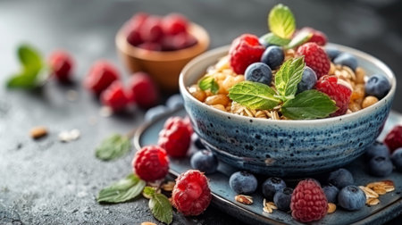 A bowl of berries and nuts with a spoon on top, AIの素材