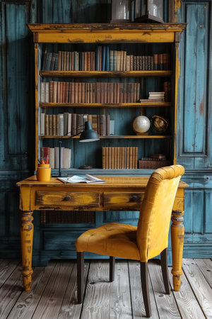 A yellow chair sitting in front of a desk with bookshelves, AIの素材