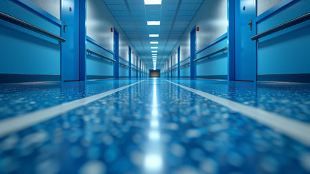 A long hallway with blue walls and white flooring, AIの素材