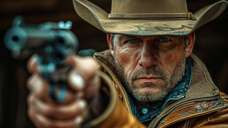 A man in a cowboy hat pointing at something with his finger, AIの素材