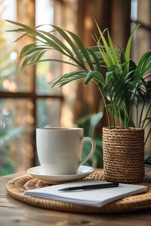 A cup of coffee on a table next to some plants, AIの素材