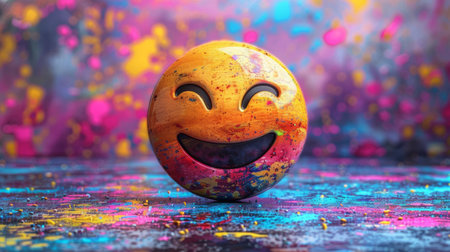 A yellow smiley face sitting on a colorful background, AIの素材