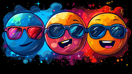 Three colorful cartoon characters with sunglasses and a smile, AIの素材