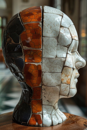 A close up of a ceramic head with different colored pieces, AIの素材