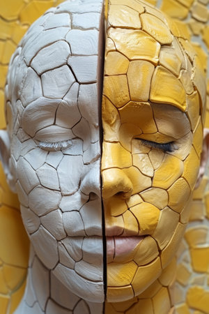 A close up of a yellow and white face with the eyes painted on, AIの素材