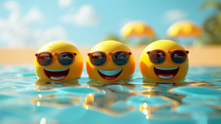 Three yellow objects with sunglasses in the water, AIの素材