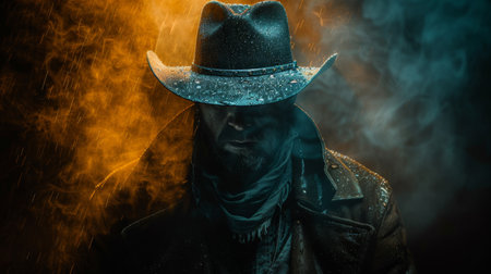 A man in a cowboy hat and jacket with smoke coming from his head, AIの素材