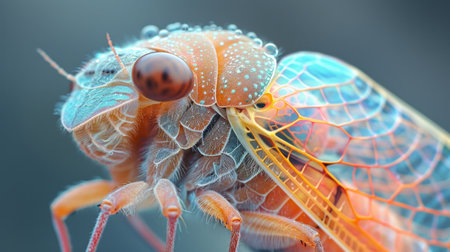 A close up of a colorful insect with water droplets on it, AIの素材