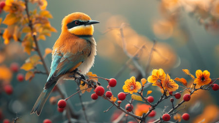 A bird perched on a branch with berries and flowers, AIの素材