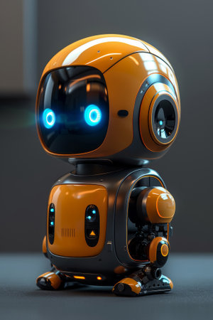 A small robot with glowing eyes sitting on a table, AIの素材