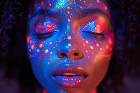 A woman with glowing eyes and face painted in neon colors, AIの素材